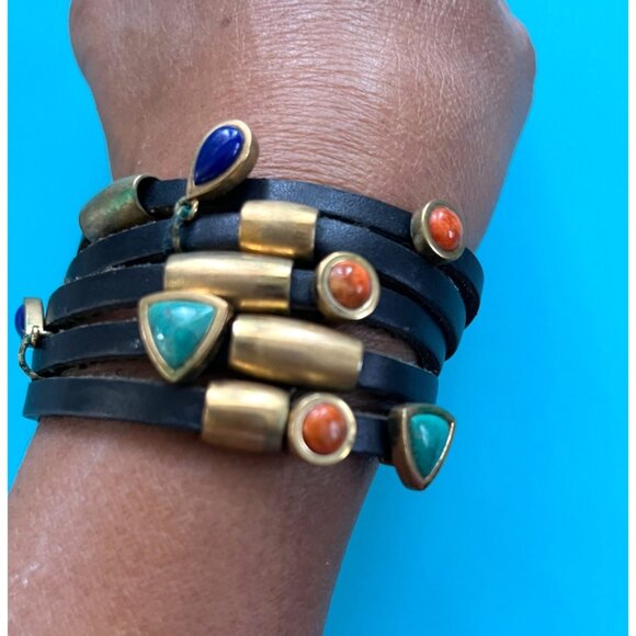 Multi-Color Gemstone & Brass Black Leather Wrap Bracelet - Picture 1 of 6